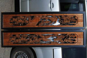 a7 two sheets set high class black lacquer . taking pine . bird comming off carving ... pattern wooden field interval 1762&1758x368x30 millimeter 