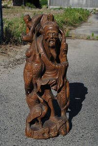 高級　匠の技　木彫　立像　釣り竿を持った老人　605x220x170ミリ