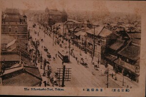 12152 戦前 絵葉書 東京名所 日本橋通り 路面電車 町並み 右端 鰹節乾海苔店 馬車 自転車