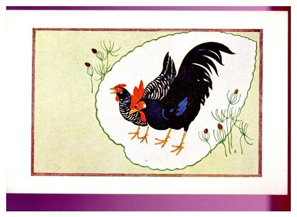 10906 전쟁 전 그림엽서 연하장 한쌍의 닭 그림 꽃무늬, 고대 미술, 수집, 잡화, 그림 엽서