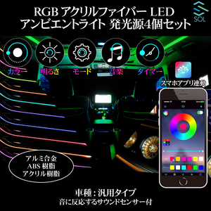APP スマホ アプリ連動 RGB アクリルファイバーLED アンビエントライト 発光源4個セット 6m 12V 音に反応 サウンドセンサー付 出荷締切18時