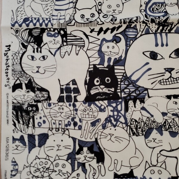 ★ Manhattaner's マンハッタナーズ 【群衆猫】アイボリー×ネイビー プリント生地 猫 ネコ CAT オックス 紺