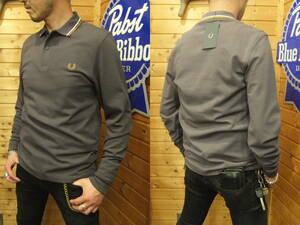  Fred Perry regular shop M3636-G85 large standard!! polo-shirt [. gray ][ tea + white line ][ long sleeve ][L] new goods . free shipping!