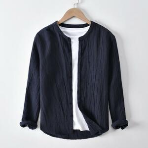 リネンシャツ 長袖シャツ メンズシャツ ゆったり カジュアルシャツ シンプル 綿麻シャツ 春 夏 秋服 トップス ネイビー XXL