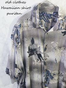 美品 Puritan ピューリタン 柄シャツ 半袖 アロハシャツ リーフ 花柄 XL 灰色 グレー ビスコース レーヨン ハワイアン メンズ ファッション