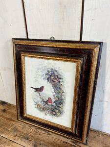 イタリア製　ヴィンテージ　鳥の絵が入った古い木の額縁　約44.5×38.5㎝　/　額縁　クラシック ブラック 金彩 壁掛け / B