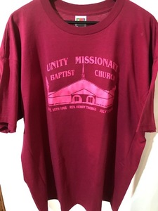 大きいサイズ★USA古着 バプテスト教会プリントTシャツ UNITY MISSIONARY BAPTEST CHURCH ワインレッド Fruit of the Loom 2XL