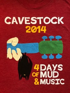 ★USA古着 音楽フェス両面プリントTシャツ CAVE STOCK コウモリ ギター 赤 レッド CANVAS L