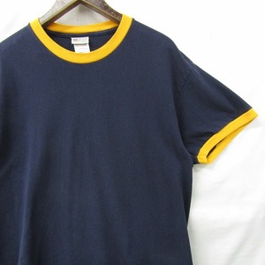 サイズ L AMERICAN OUTDOORS リンガー Tシャツ 半袖 クルーネック 無地 ネイビー メキシコ製 古着 ビンテージ 2J0895