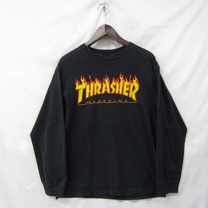 サイズ M~L位 THRASHER プリント ロング Tシャツ ロンT クルーネック 炎 フレイム ロゴ 黒 スラッシャー スケボー 古着 ビンテージ 2J2811