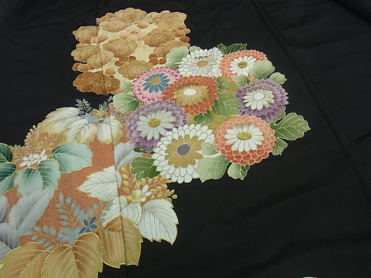 オリジナルデザイン手作り商品 逸品♡刺繍入叩染め金彩友禅 正絹黒留袖