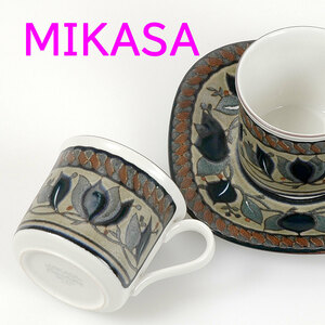 338-05◆MIKASA/ミカサ Potters Gallery MK222 カップ&ソーサー 2客セット 日本製 ブラウン系 暖色 葉柄 スクエアソーサー 