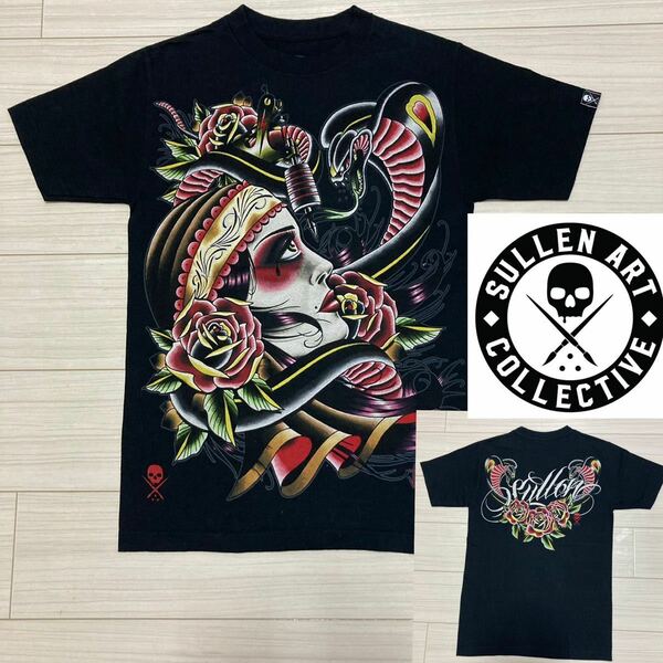 美品◆SULLEN ART◆Tattoo レディ コブラ ローズ Tシャツ S 黒 ブラック タトゥー スカル 薔薇 Sullen clothing