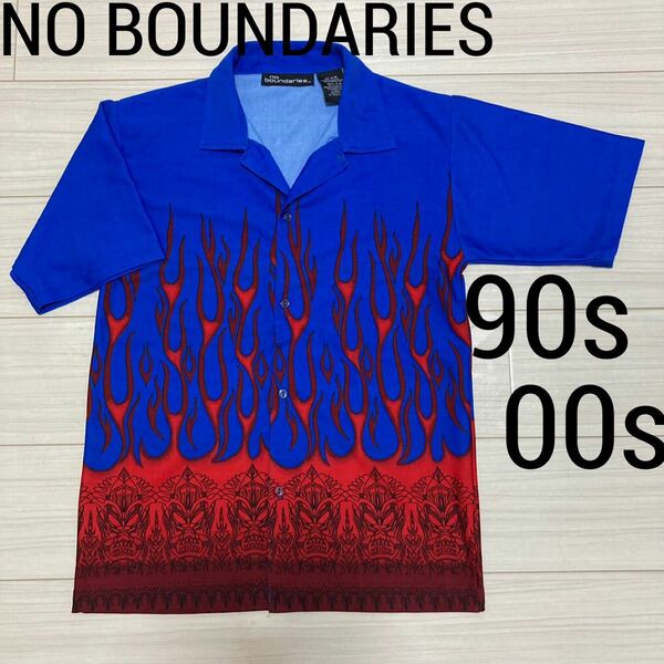 90s 00s◆NO BOUNDARIES◆ファイヤーパターン タトゥー シャツ 14-16 メンズS相当 ブルー ノーバウンダリーズ ジャージー生地 アロハシャツ