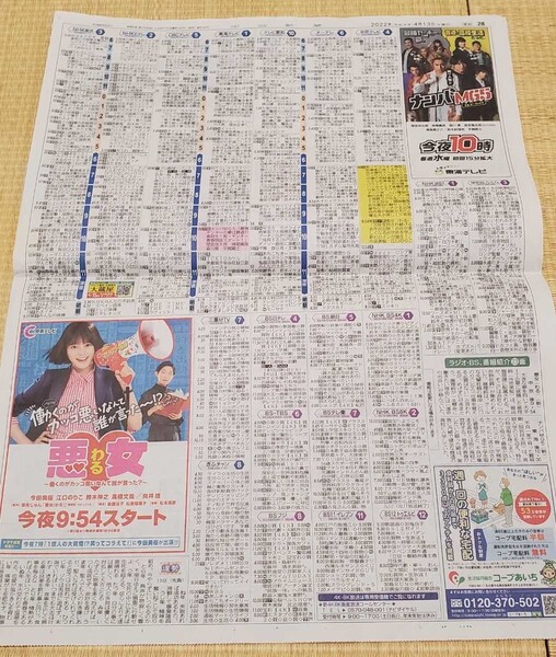 ★中日新聞・日本テレビ系ドラマ「悪女(わる)」&フジテレビ系ドラマ「ナンバMG5」ドラマ広告(2022/4/13付新聞)