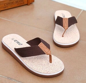 [ tea 25-24.5cm][ cork manner ] men's beach sandals sandals print tongs sandals outdoor camp light weight sea summer Brown 