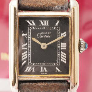 銀無垢 カルティエ マストタンク Cal,78-1 murt de Cartier ARGENT 17石 手巻き 黒文字盤 革ベルト レディース 女性 腕時計[3 044823]ZO4