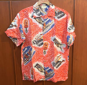 1950s ビンテージ アロハシャツSouth Seas Oahu Garment Co, Kamehameha　TIKI Kahili 柄　M