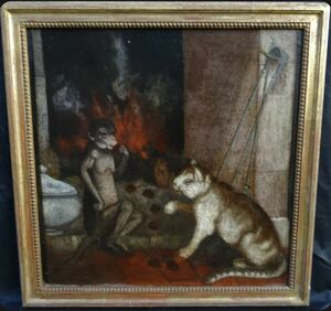 レア作品　絵画　油絵　油彩画　フランス　18th/18世紀　西洋アンティーク　静物　動物画　猫/ネコ