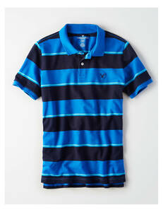 * AE アメリカンイーグル AE Striped Flex Polo 鹿の子 ポロシャツ M / Electric Blue *