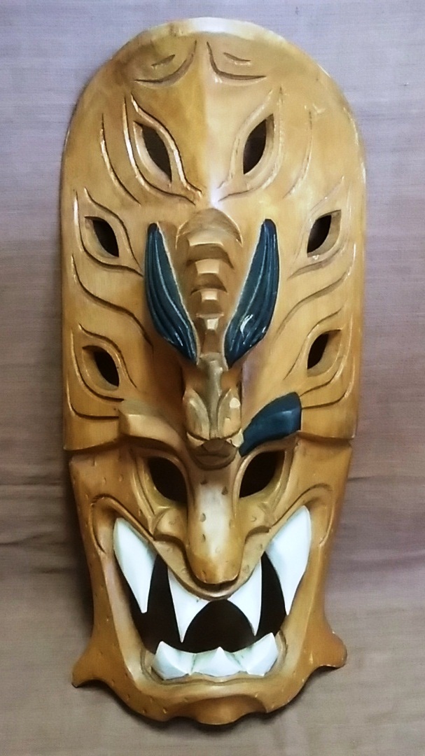 Holzschnitzen, Gesamtlänge ca. 53cm, Amulett Maske, asiatisch, hawaiisch, Tiki, ethnisch, Objekt, Innere, Skulptur, Zimmer, Geschäft, stilvoll, handgefertigt, Interieur-Zubehör, Ornament, ethnisch