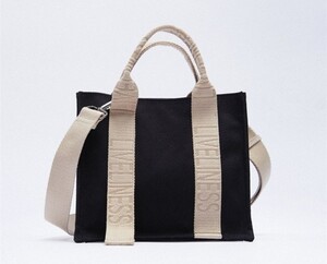 ZARA ロゴストラップ キャンバス トートバック ミニ ショルダー ショルダーバッグ ハンドバッグ エクリュ