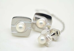 K14WG white gold Akoya pearl pearl cuffs button cuff links tie tack set 