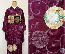 KIRUKIRU 美品 着用可 アンティーク 染 着物 正絹 紫地 丸紋に椿 和花 唐草 レトロ 大正ロマン 着付け 和装_画像1