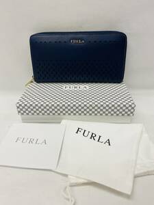 美品★FURLA フルラ 長財布 ラウンドファスナー 箱付き ネイビー パンチング 参考価格37,800円 ウォレット