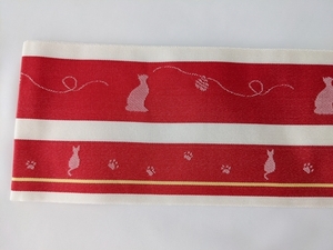 猫柄　ねこ　肉球 赤　伊達締め　日本製　正絹　約2.26m