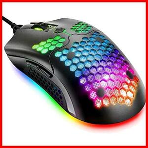 ゲーミングマウス 65g 軽量マウス光学式 RGB 12色LEDライト usb有線 プログラマブルドライバー 12000DPI 7鍵 6段調節可能 ハニカムデザイン
