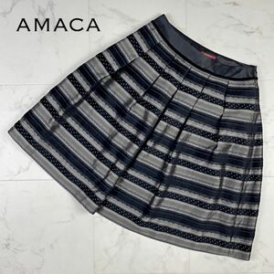 美品 AMACA アマカ 総柄 タックフレアスカート 膝丈 裏地あり レディース 黒 ブラック サイズ38*ZA151