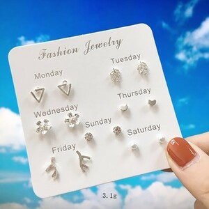  earrings silver 7 set Heart triangle pearl tei Lee small simple stud Korea jewelry gem we k#C377-17