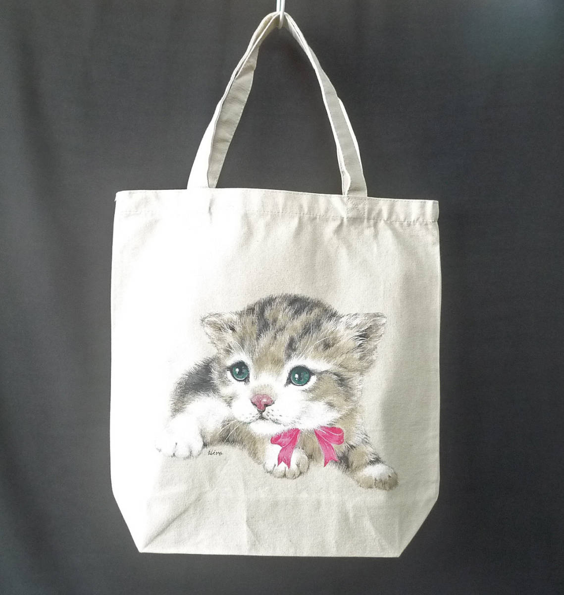 Ilustración dibujada a mano gato★Bolsa de lona, beige, Hecho a mano, bolsa, bolsa, para mujeres