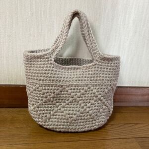 ハンドメイド ダイヤ柄 ニットバッグ ベージュ 手編みバッグ マルシェバッグ