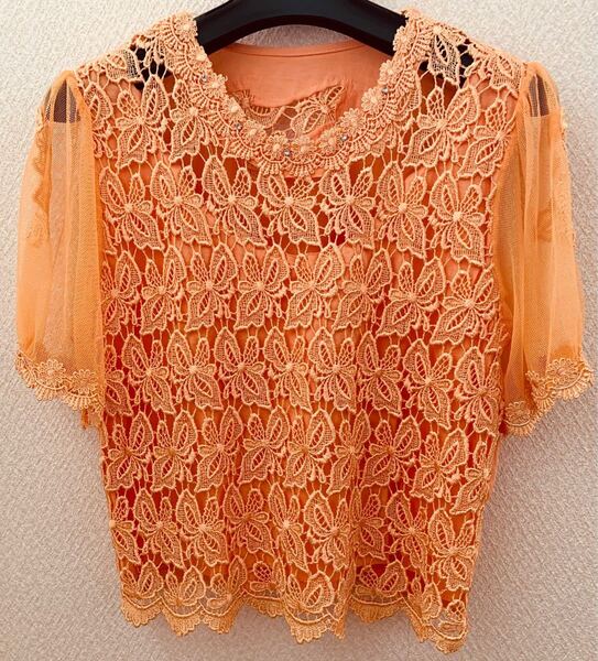 レース ブラウス M オレンジ 上品 シアー素材 シースルー サーモンピンク