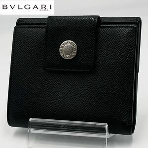 1円〜未使用級 BVLGARI ブルガリ クラシコ メンズ 二つ折り財布 ウォレット コンパクト Wホック ロゴ ボタン レザー 本革 黒 ブラック