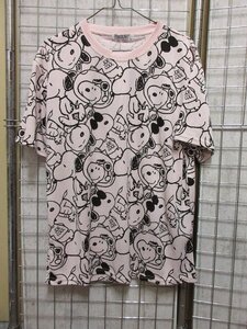 J196/ スヌーピー ピーナッツ 半袖 Tシャツ メンズ 総柄 ハニカムメッシュ 薄いピンク L