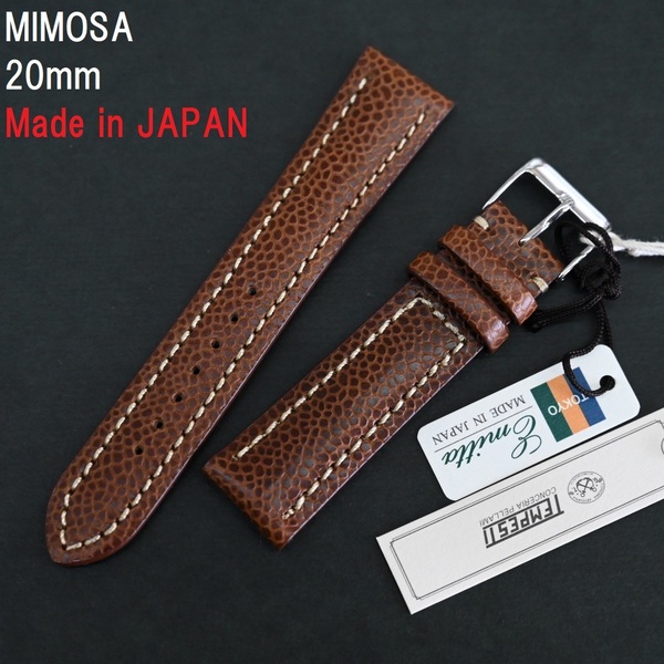 特価 新品 MIMOSA ミモザ Emitta TEMPESTI RODI 時計ベルト 20mm ブラウン 茶 牛革バンド 厚型 日本製 手作り イタリア製革 ステンレス美錠