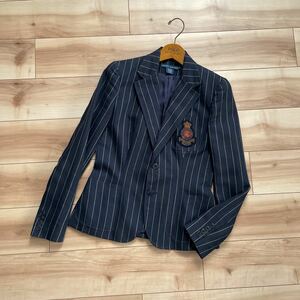 [ beautiful goods ][ Italy made ] Ralph Lauren linen× wool emblem attaching stripe navy blue b leather jacket navy 6