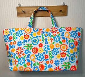 ハンドメイド バッグ トートバッグ マザーズバッグ (表地:ヴィンテージ生地使用)(お絵かき風お花柄)