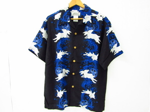 MAKANA LEI マカナレイ アロハシャツ シルク 和柄 兎 波 半袖シャツ 黒×青 SIZE:L♪FG5967