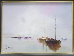 e8241　真作保証　油彩　風景画　フランシスコ・カルテロ　「地中海の港」　4F　額縁