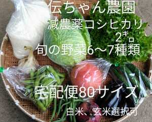 旬の野菜6〜7品と減農薬コシヒカリ2キロのセット　玄米、白米選択可　宅配便80サイズ