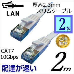 ☆スリムフラットLANケーブル 【2本】 2m Cat7 高速転送10Gbps RJ45コネクタツメ折れ防止 ノイズ対策シールドケーブル 7SM02x2