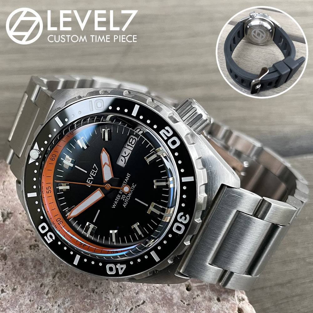 日本製 ハンドメイドの腕時計 20気圧防水 自動巻き SEIKO NH36 サファイアトップハット風防 316Lステンレス 腕時計 LEVEL7, メンズ腕時計, アナログ(自動巻き), 3針+カレンダー