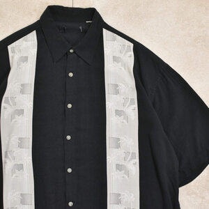 90s～ Line design black rayon shirtメンズ XL相当 90s～ Unknown ラインデザイン レーヨン 半袖 シャツ