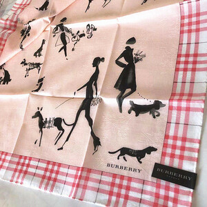 新品Burberry バーバリー大人気レア柄◆人物と犬散歩柄＆透かし織り柄ノバチェック縁ミニスカーフハンカチ◆膝掛け57×58㎝　