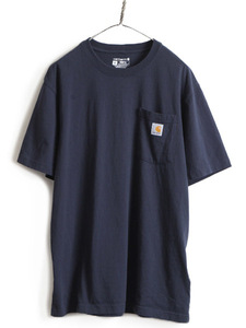 ■ カーハート ポケット付き 半袖 Tシャツ ( メンズ M ) 古着 CARHARTT 半袖Tシャツ ポケT ロゴT ヘビーウェイト 紺 ワーク ワンポイント