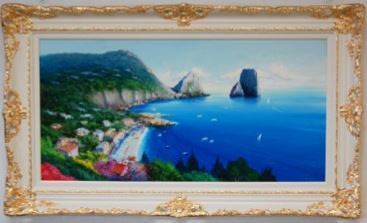 イタリア輸入 アイボリーゴールド色額縁 カプリの風景画 カプリの風景油絵 カプリの風景油彩, 絵画, 油彩, 自然, 風景画